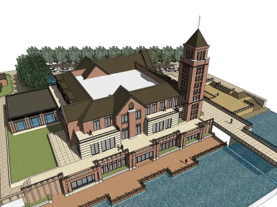 Large Waterfront Building With Brown Exterior Tower Green Lawn And Surrounding Trees 3d model