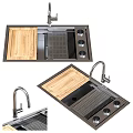 Modern Stainless Steel Kitchen Sink With Wooden Cutting Board And Faucet Design