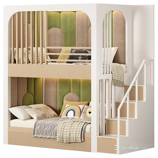 Modern Bunk Bed With Green Brown Padded Panels Staircase Wooden Railings And Rainbow Pillows 3d model 