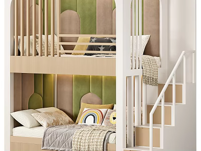 Modern Bunk Bed With Green Brown Padded Panels Staircase Wooden Railings And Rainbow Pillows 3d model