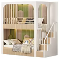 Modern Bunk Bed With Green Brown Padded Panels Staircase Wooden Railings And Rainbow Pillows