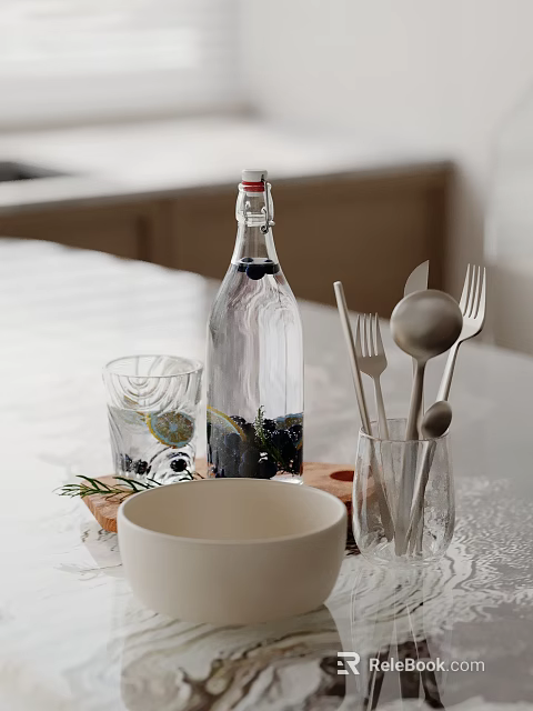 Cutlery Set In Glass With Tableware And Decor 3d model