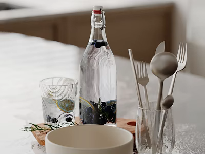 Cutlery Set In Glass With Tableware And Decor 3d model