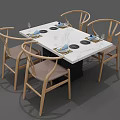 Dining Table Set With Wooden Chairs Upholstered Booth White Tabletop And Tableware 3d model