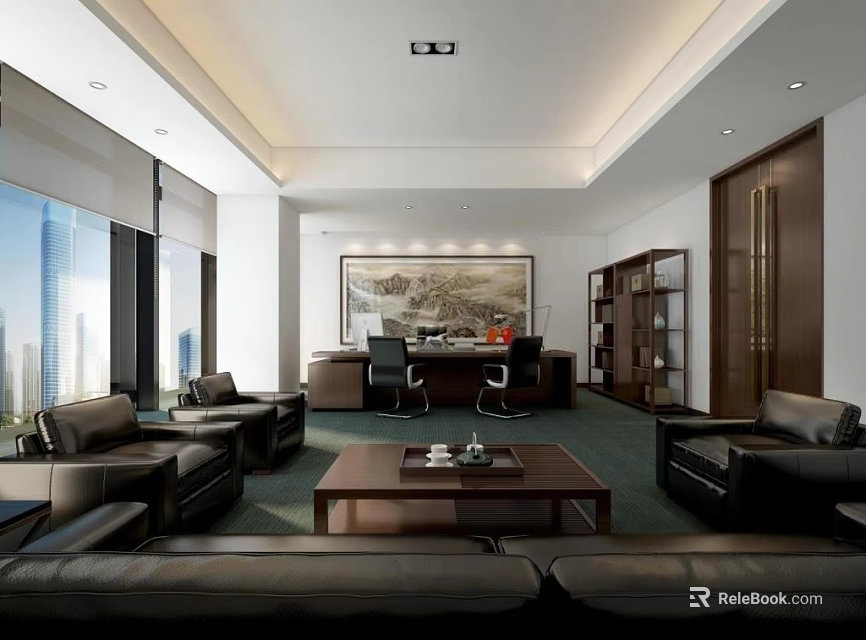 Luxurious Modern Office Interior With Leather Sofas Desk Bookshelf And Floor to Ceiling Windows 3d model 
