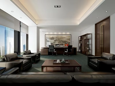 Luxurious Modern Office Interior With Leather Sofas Desk Bookshelf And Floor to Ceiling Windows 3d model