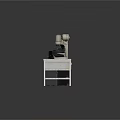 White Metal Kitchen Workbench With Pots Scale Mixer And Cooking Utensils On Top