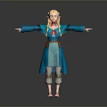 Game Movie Character With Blonde Braided Pigtails Green Eyes Blue Dress And Arms Outstretched