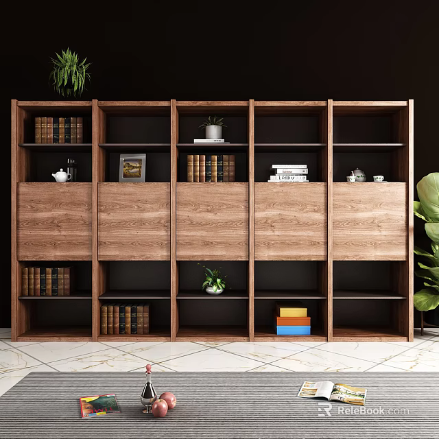Wooden Bookcase With Open Shelves And Multiple Compartments Filled With Books Decorative Items And Plants 3d model 