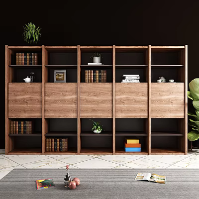 Wooden Bookcase With Open Shelves And Multiple Compartments Filled With Books Decorative Items And Plants 3d model