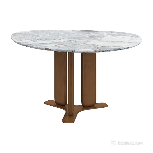 Modern Round Marble Top Dining Table Set with Brown Wooden Legs and Stable Base 3d model 