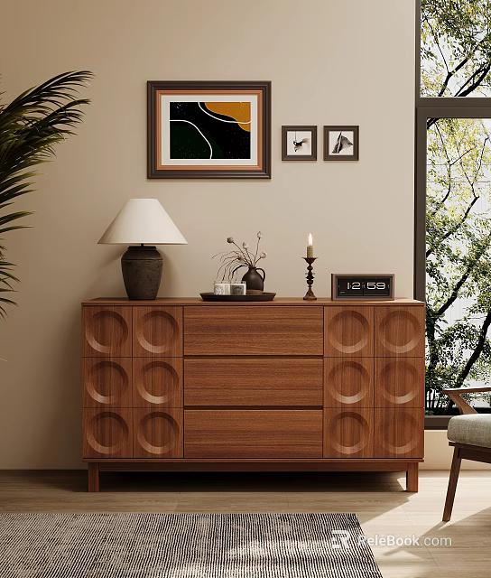 Wooden Dresser with Circular Patterns Table Lamp Vase Clock Wall Art and Plant by Window 3d model 