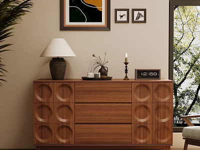 Wooden Dresser with Circular Patterns Table Lamp Vase Clock Wall Art and Plant by Window 3d model