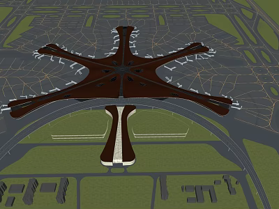 Modern Star Shaped Airport Terminal Aerial View With Surrounding Roads And Green Areas 3d model