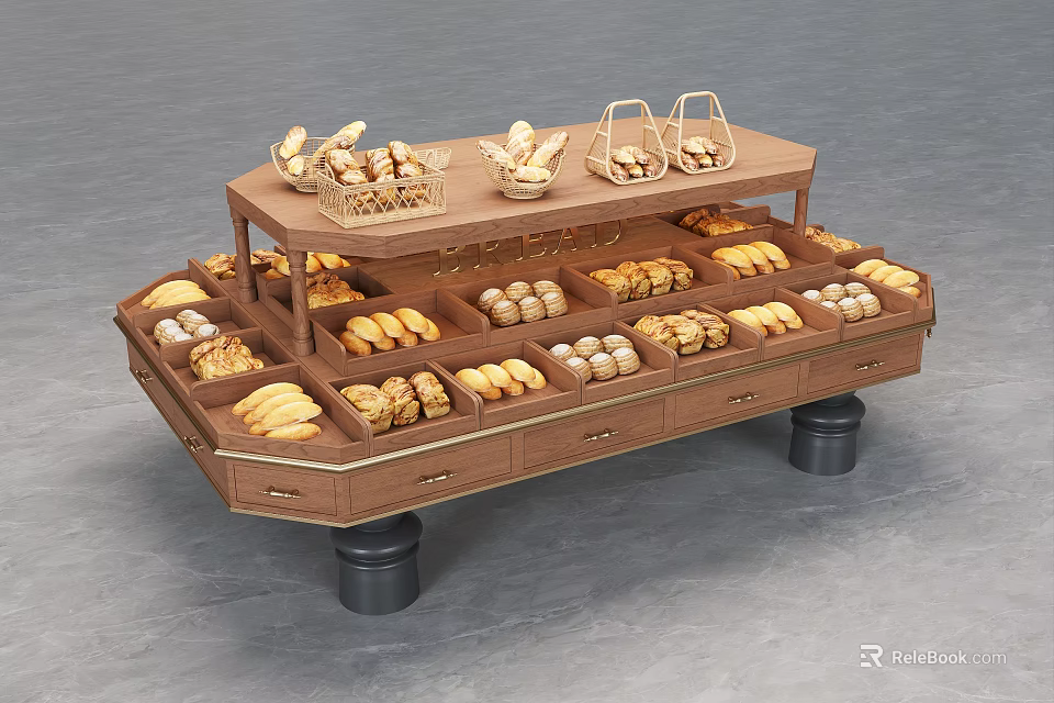 Wooden Multi Tier Bakery Display Shelf With Fresh Bread And Storage Baskets 3d model 