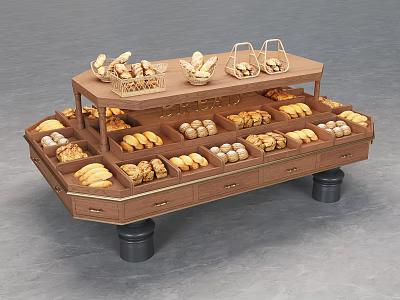 Wooden Multi Tier Bakery Display Shelf With Fresh Bread And Storage Baskets 3d model