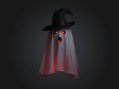 Halloween Ghost Decoration With Witch Hat And Red Glowing Eyes In Dark Background 3d model