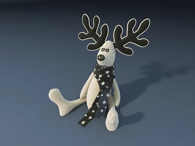 Plush Reindeer Shaped Doll With Large Antlers And Star Patterned Scarf Sitting On Gray Background 3d model
