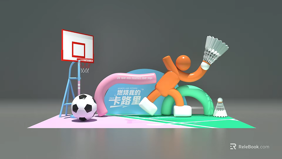 Sports Themed Photo Check in Spot With Basketball Hoop Soccer Ball And Badminton Racket 3d model