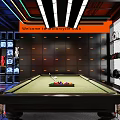 Harley Davidson Bar Interior With Motorcycle On Circular Platform Pool Table And Merchandise Shelves