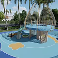 Kids Playground With Blue Floor Cloud Patterns Bamboo Structure Slide And Palm Trees 3d model