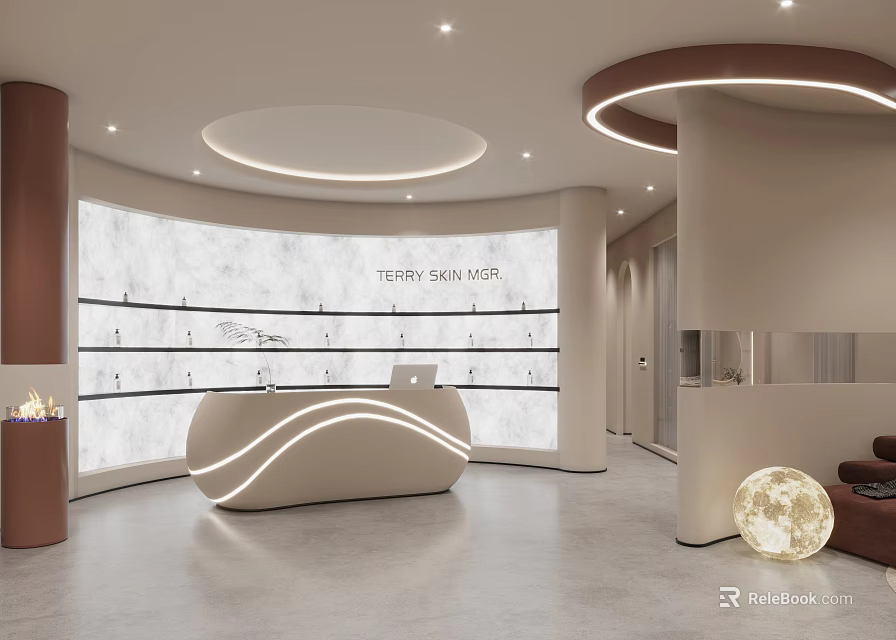 Elegant Modern Beauty Salon Reception Area With Curved Lighted Desk And Marble Product Display Wall 3d model 