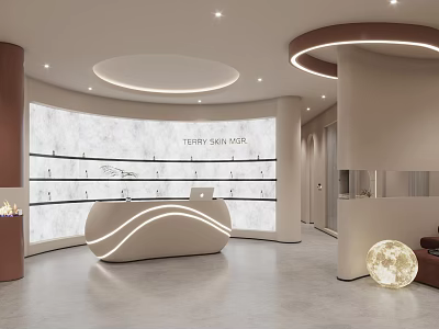 Elegant Modern Beauty Salon Reception Area With Curved Lighted Desk And Marble Product Display Wall 3d model
