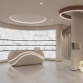 Elegant Modern Beauty Salon Reception Area With Curved Lighted Desk And Marble Product Display Wall