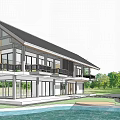 Modern Detached Villa With Wooden Roof Large Glass Windows And Off Road Vehicle In Grassland