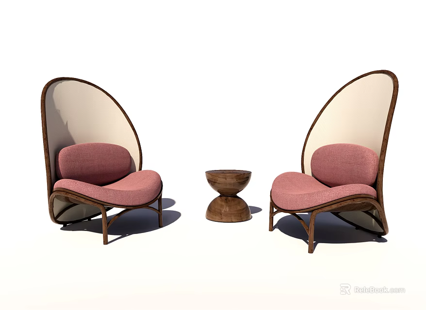 Leisure Sofa Set With Two Pink Seated Chairs White Backrests Wooden Frame And Small Table 3d model 