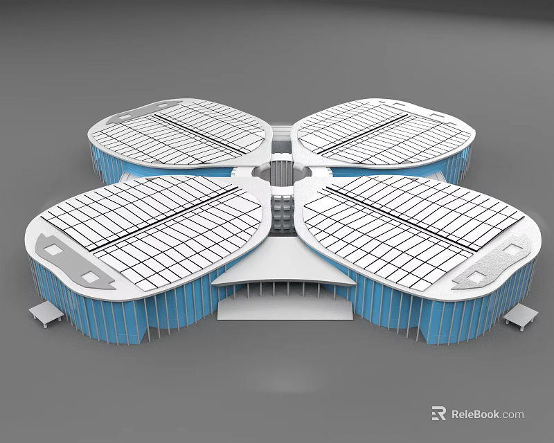 Modern Petal Shaped Architectural Design With White Grid Roof And Blue Structure 3d model 