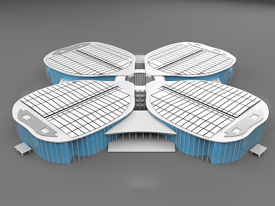 Modern Petal Shaped Architectural Design With White Grid Roof And Blue Structure 3d model