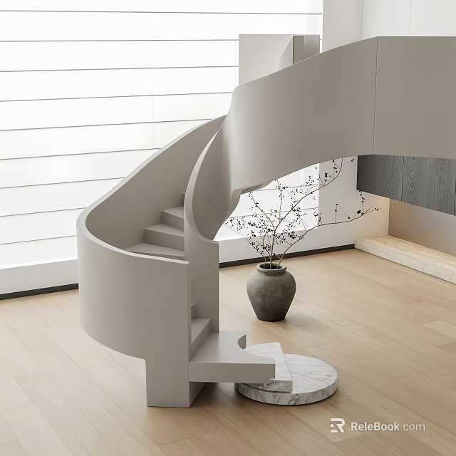 Modern Light Concrete Spiral Staircase with Window Wooden Floor Vase and Dried Branches 3d model 