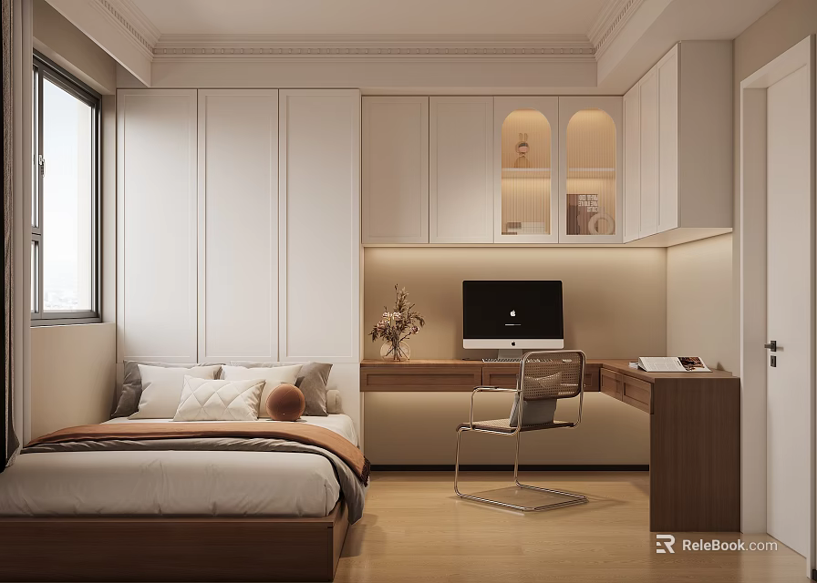 Modern Kids Room Interior With Cozy Bed Study Desk Wardrobe And Window 3d model 