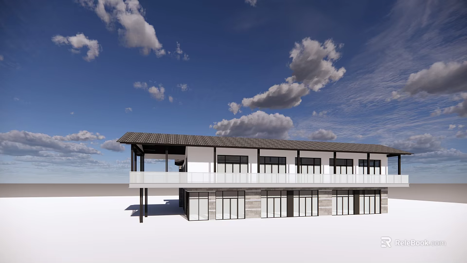 Modern Guesthouse Building With Dark Roof Large Windows And Balcony Under Blue Sky 3d model 