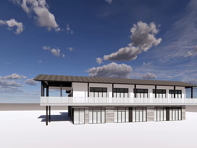 Modern Guesthouse Building With Dark Roof Large Windows And Balcony Under Blue Sky 3d model