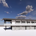 Modern Guesthouse Building With Dark Roof Large Windows And Balcony Under Blue Sky