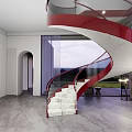 Modern Red Spiral Staircase Interior With Marble Steps And Large Windows 3d model