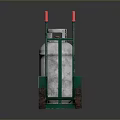 Silver Gas Cylinder And Green Hand Truck With Red Handles And Wheels