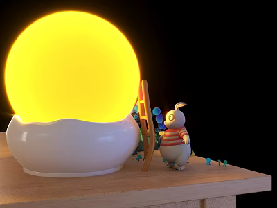 Yellow Spherical Lamp with White Base and Rabbit Doll Near Ladder on Wooden Tabletop 3d model