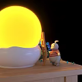 Yellow Spherical Lamp with White Base and Rabbit Doll Near Ladder on Wooden Tabletop