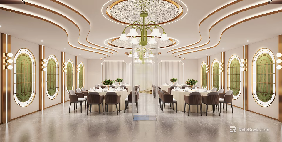 Luxurious Banquet Hall Interior With Ornate Chandelier Golden Lines And Arched Windows 3d model 