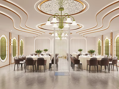 Luxurious Banquet Hall Interior With Ornate Chandelier Golden Lines And Arched Windows 3d model