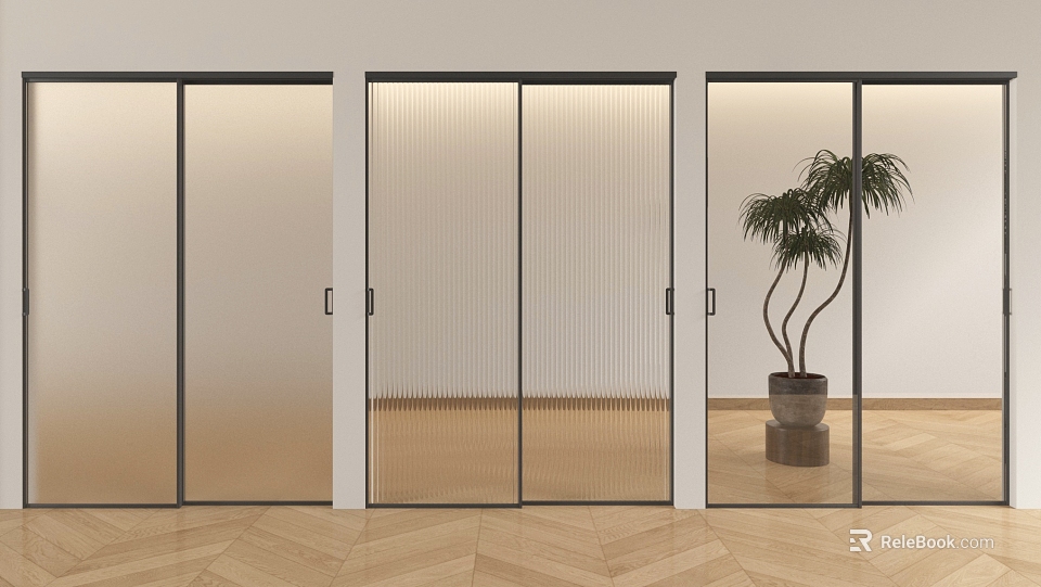 Modern Glass Sliding Doors With Black Metal Frame In Indoor Space And Potted Plant 3d model 