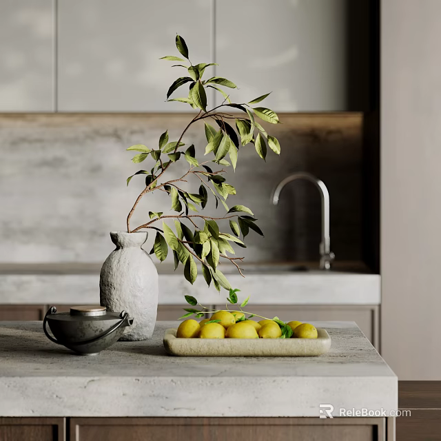Modern Kitchen Countertop Ornamental Decor Set With Grey Vase Branches Black Teapot And Lemon Tray 3d model 