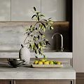 Modern Kitchen Countertop Ornamental Decor Set With Grey Vase Branches Black Teapot And Lemon Tray