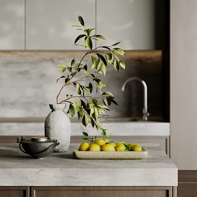 Modern Kitchen Countertop Ornamental Decor Set With Grey Vase Branches Black Teapot And Lemon Tray 3d model
