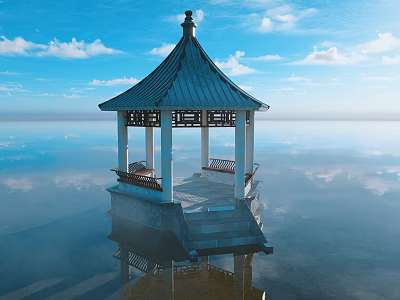 Scenic Pavilion With Blue Roof And White Pillars Over Calm Water Under Cloudy Sky 3d model