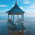Scenic Pavilion With Blue Roof And White Pillars Over Calm Water Under Cloudy Sky