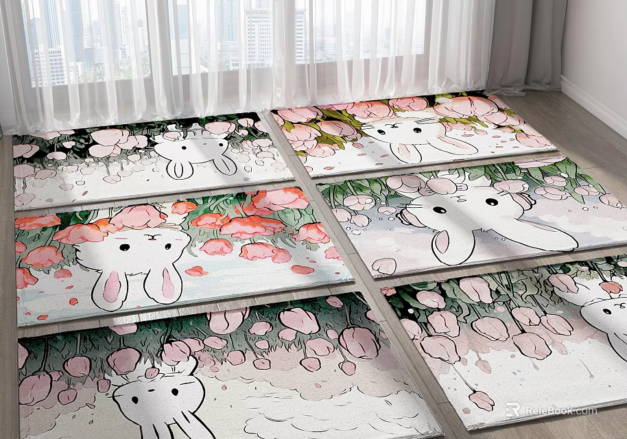 Cute Square Area Rugs With Cartoon Rabbits And Pink Flowers 3d model 
